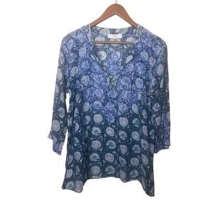 Amaya Embroidered Cotton Floral 3/4 Sleeve Top Women’s Sz 46 Blue Floral